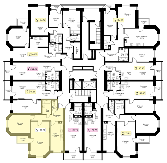 Двухкомнатная квартира №51 c черновой отделкой, Корпус №11, Секция 1