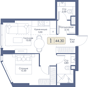 Однокомнатная квартира № 412 