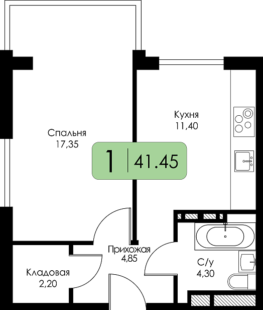 Однокомнатная квартира №101 c черновой отделкой, Корпус А, Секция 1