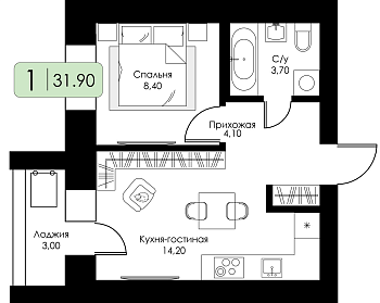 Однокомнатная квартира № 179 