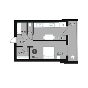 Однокомнатная квартира 48.13м², 8 этаж № 45