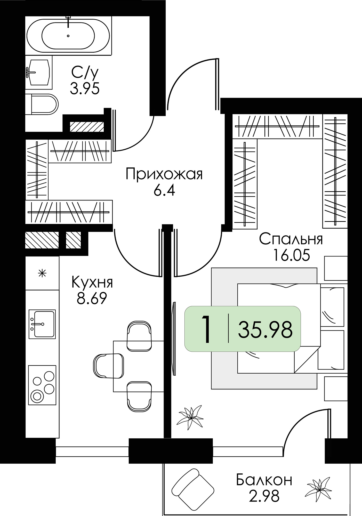 Однокомнатная квартира №4 c черновой отделкой, Корпус Дом №1, Секция 1