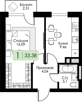 Однокомнатная квартира 33.38м², 4 этаж № 17