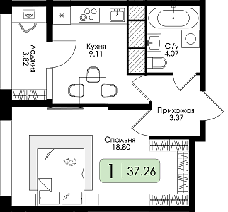 Однокомнатная квартира 37.26м², 9 этаж № 91