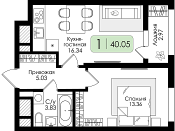 Однокомнатная квартира № 195 