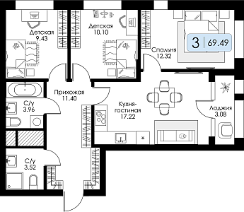Трехкомнатная квартира № 133