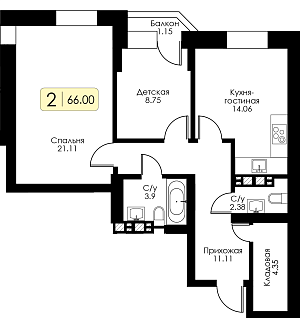 Двухкомнатная квартира № 176